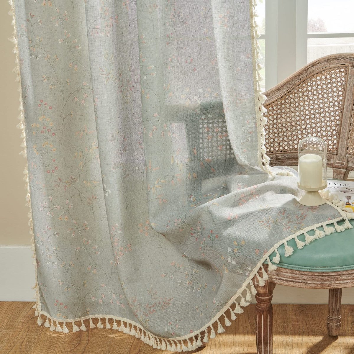Joydeco custom light blue linen sheer curtains, floral pattern, tassel trim.