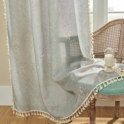 Joydeco custom light blue linen sheer curtains, floral pattern, tassel trim.
