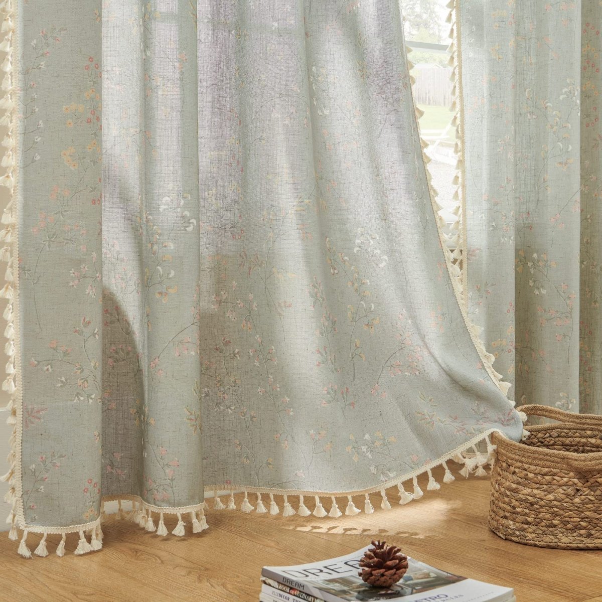 Joydeco Floral Patterned Beige Linen Sheer Curtains with Tassel Trim and Embroidery - 2 Panels - Joydeco