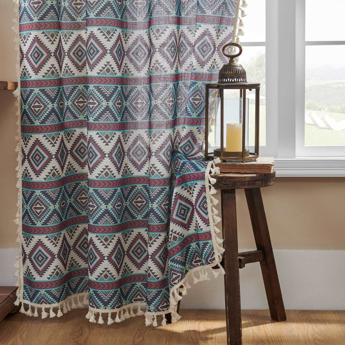 Joydeco Geometric Patterned Linen Sheer Curtains with Tassel Trim and Embroidery - 2 Panels - Joydeco