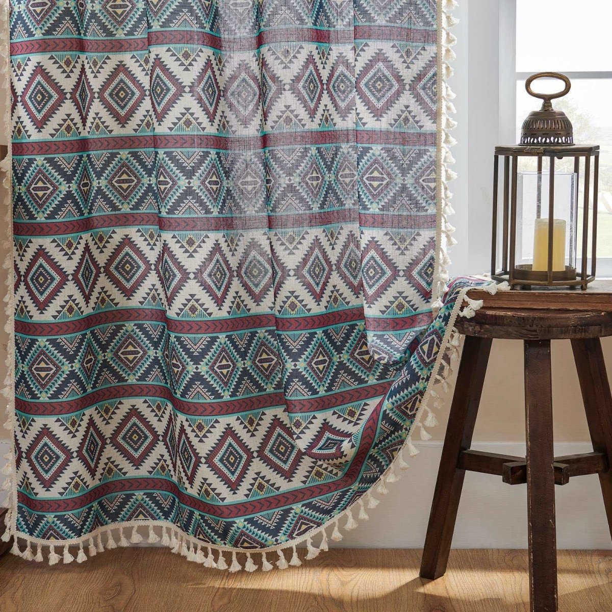 Joydeco Geometric Patterned Linen Sheer Curtains with Tassel Trim and Embroidery - 2 Panels - Joydeco