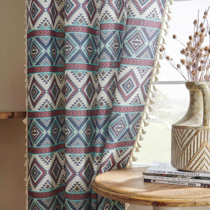 Joydeco Geometric Patterned Linen Sheer Curtains with Tassel Trim and Embroidery - 2 Panels - Joydeco