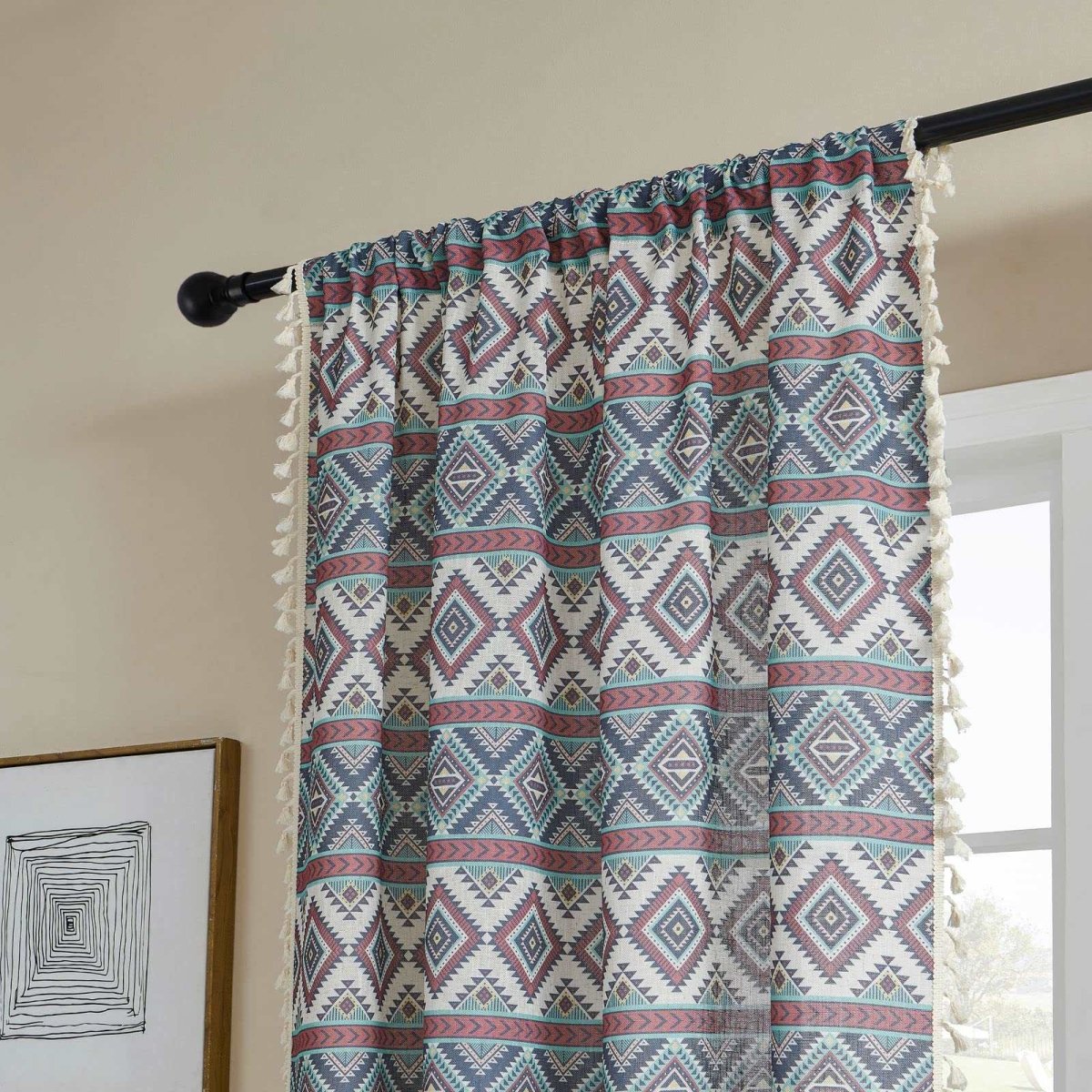 Joydeco Geometric Patterned Linen Sheer Curtains with Tassel Trim and Embroidery - 2 Panels - Joydeco