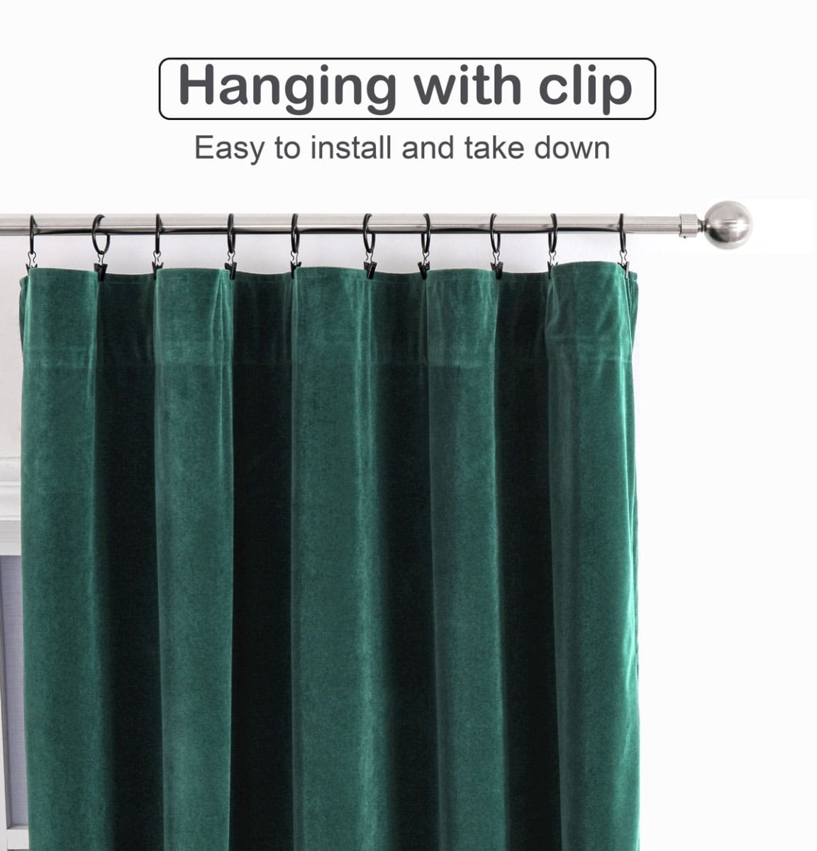 Grass green velvet curtains hanging from silver rod using clips, demonstrating easy installation.