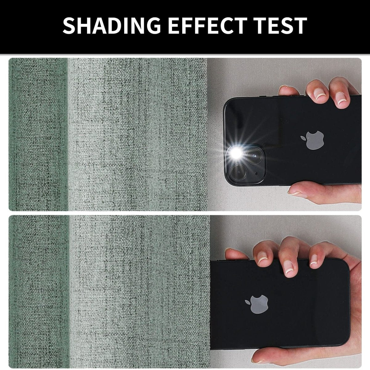 Sage green linen blackout curtain shading effect test: flashlight passes through top panel, blocked by bottom panel.
