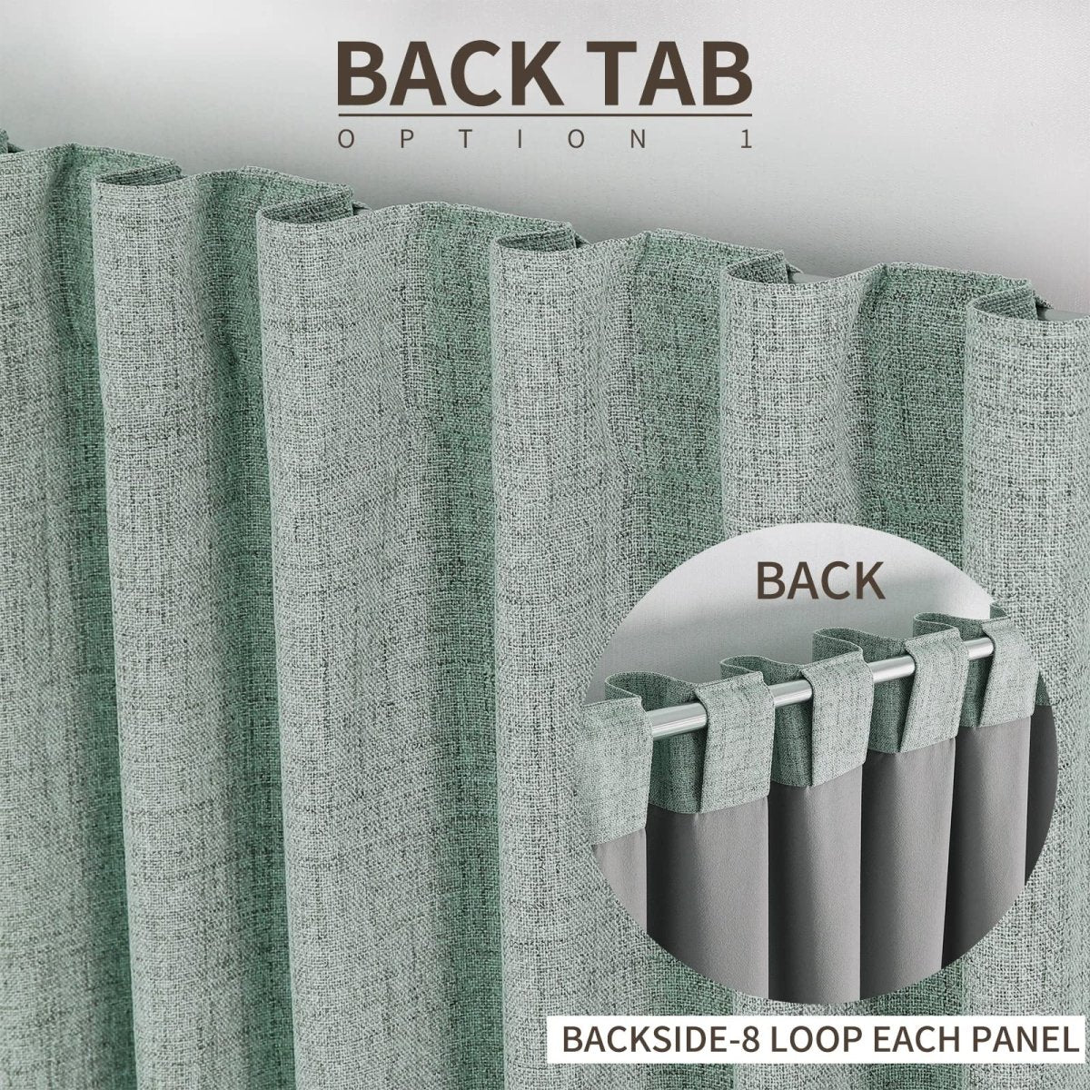 Sage green linen blackout curtain back tab hanging style, showing 8 loops per panel for easy installation.