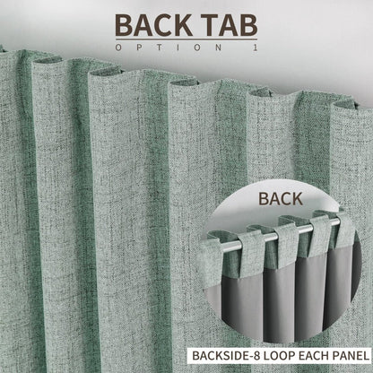 Sage green linen blackout curtain back tab hanging style, showing 8 loops per panel for easy installation.