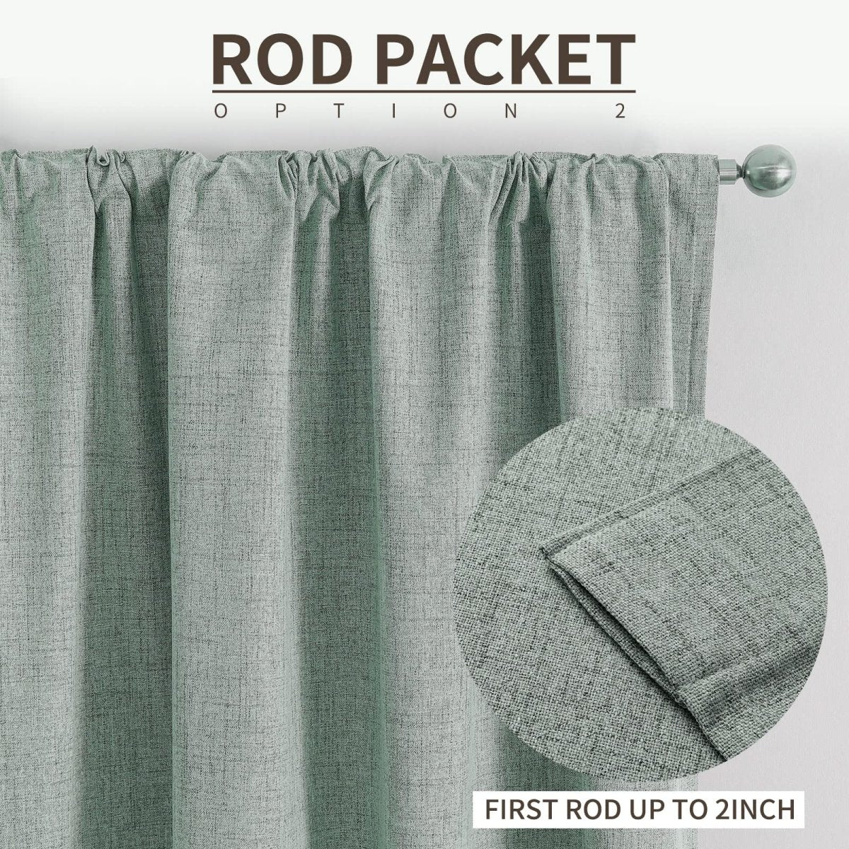 Joydeco Sage green linen blackout curtains shown with rod pocket option 2 for rods up to 2 inches.