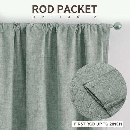 Joydeco Sage green linen blackout curtains shown with rod pocket option 2 for rods up to 2 inches.