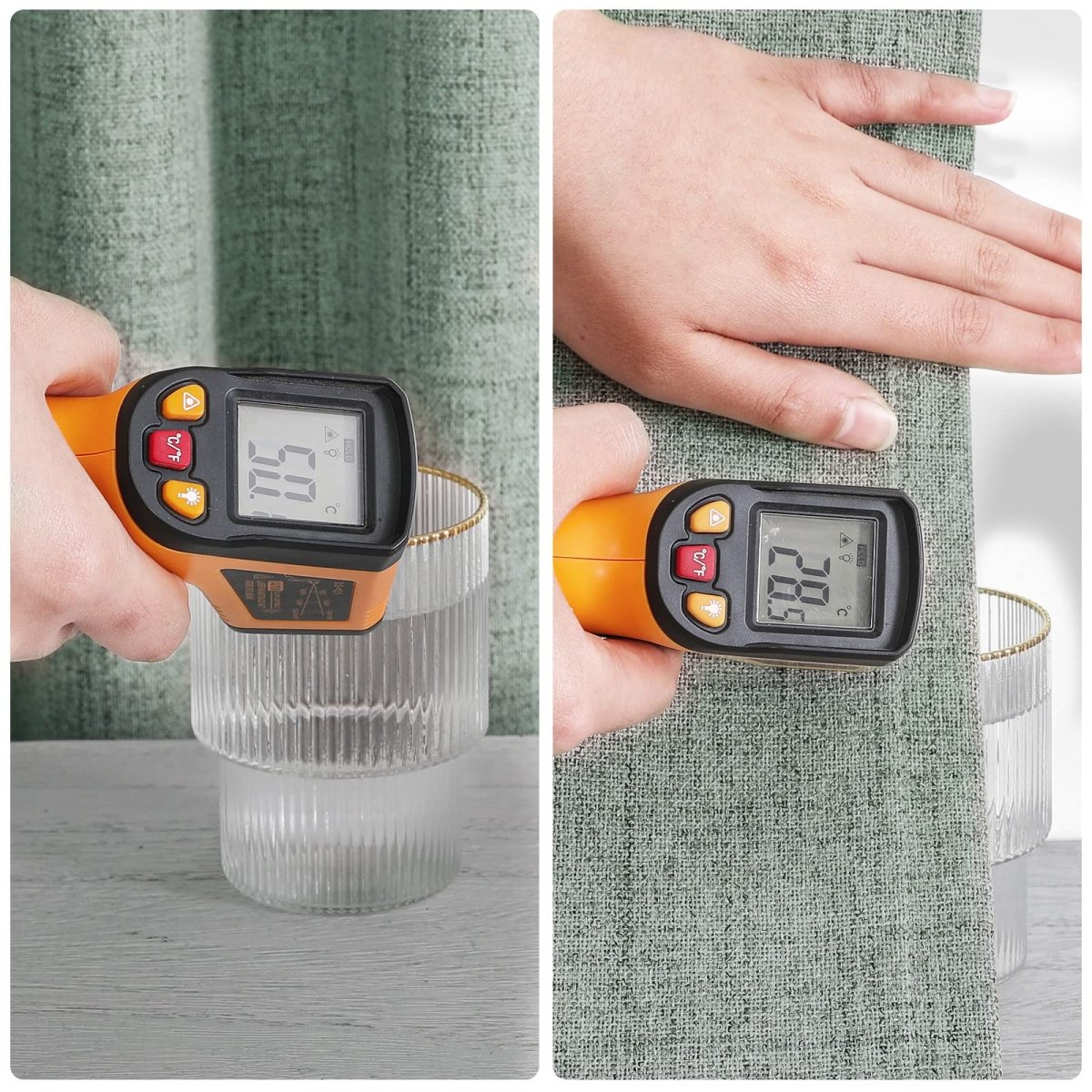 Sage green linen blackout curtain thermal insulation test, 21.5掳C difference for energy saving.