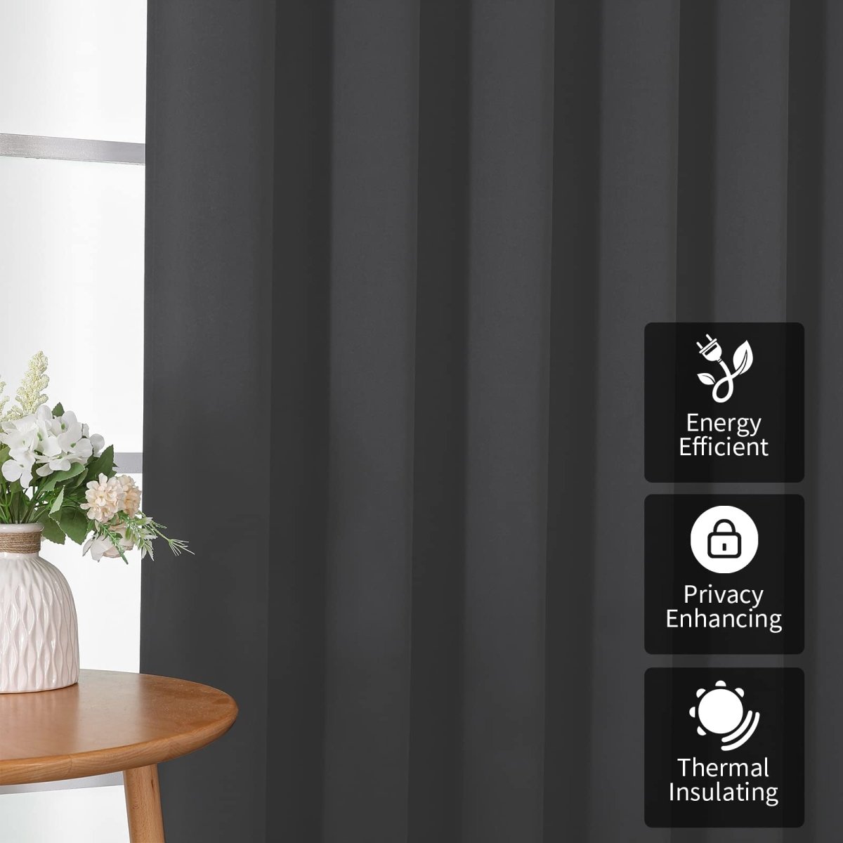 Dark grey blackout doorway curtain with vertical pleats, energy-efficient, privacy, and thermal insulating features.