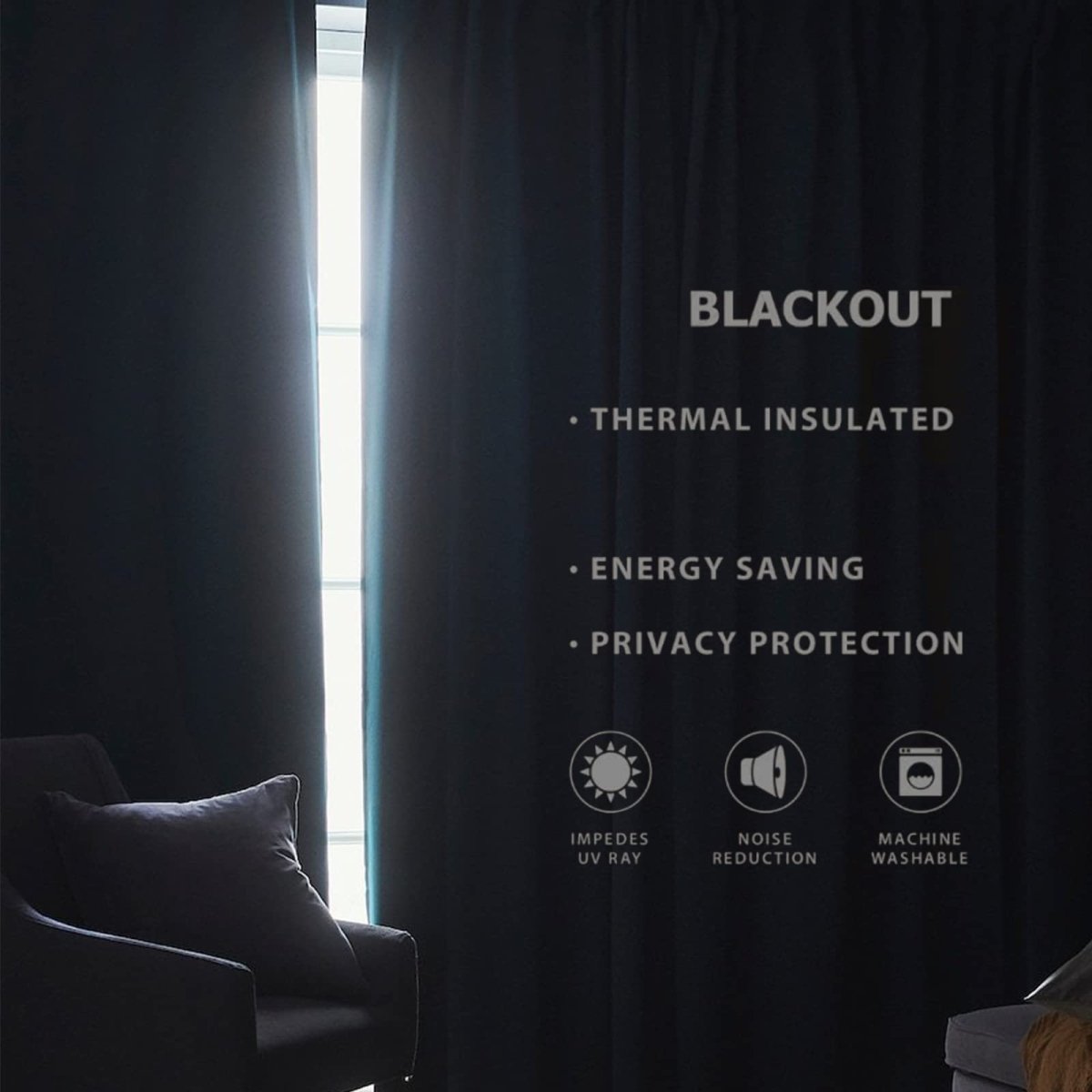 Blackout doorway curtain showcasing features: thermal, energy saving, privacy, UV protection, noise reduction, washable.