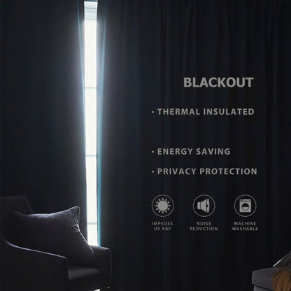 Blackout doorway curtain showcasing features: thermal, energy saving, privacy, UV protection, noise reduction, washable.