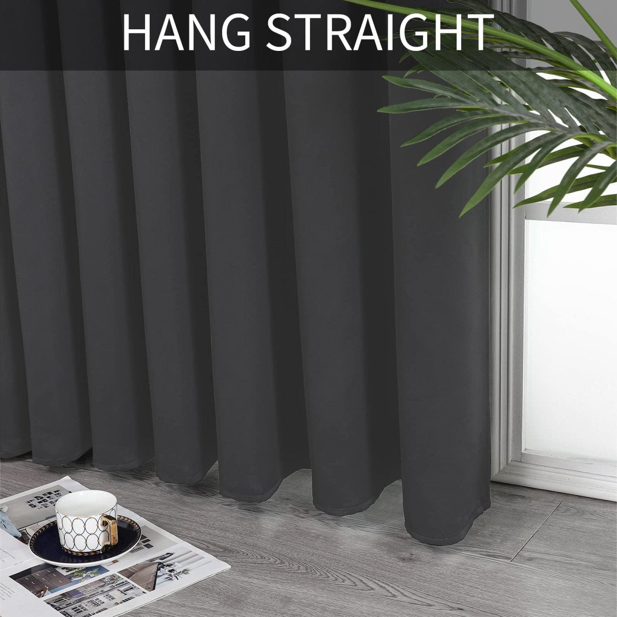 Dark grey blackout curtain door divider hangs straight showing vertical pleats, ideal for bedroom or closet doorways.