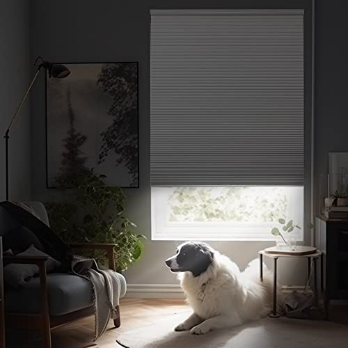 Joydeco grey cordless blackout cellular shade shown in a home setting with a dog resting in front of the window.