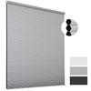 Joydeco grey cordless blackout cellular shade with honeycomb structure detail and color swatches.