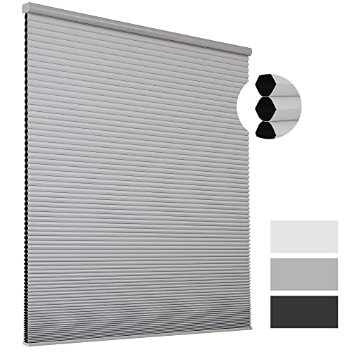 Joydeco grey cordless blackout cellular shade with honeycomb structure detail and color swatches.