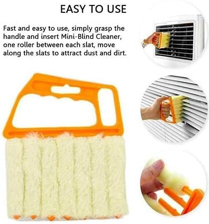 Joydeco orange handheld blinds cleaner with soft microfiber fingers cleaning AC vent and venetian blinds.