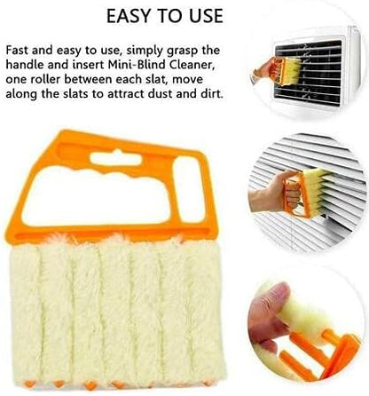 Joydeco orange handheld blinds cleaner with soft microfiber fingers cleaning AC vent and venetian blinds.