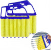 Joydeco handheld mini blinds cleaner with blue handle and yellow brush head, shown cleaning horizontal blinds.