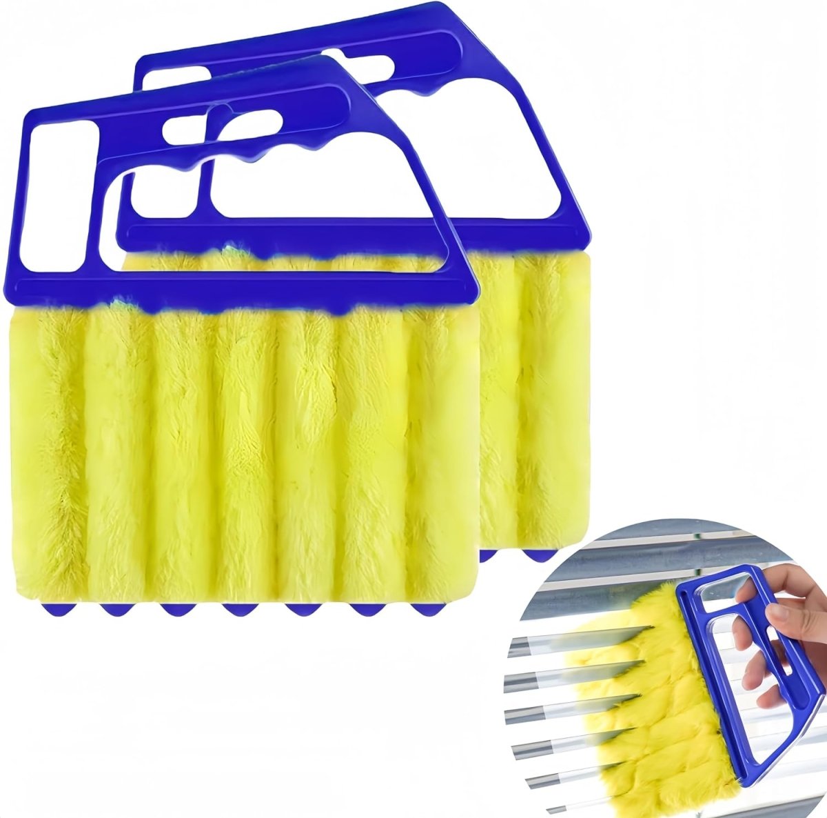 Joydeco handheld mini blinds cleaner with blue handle and yellow brush head, shown cleaning horizontal blinds.