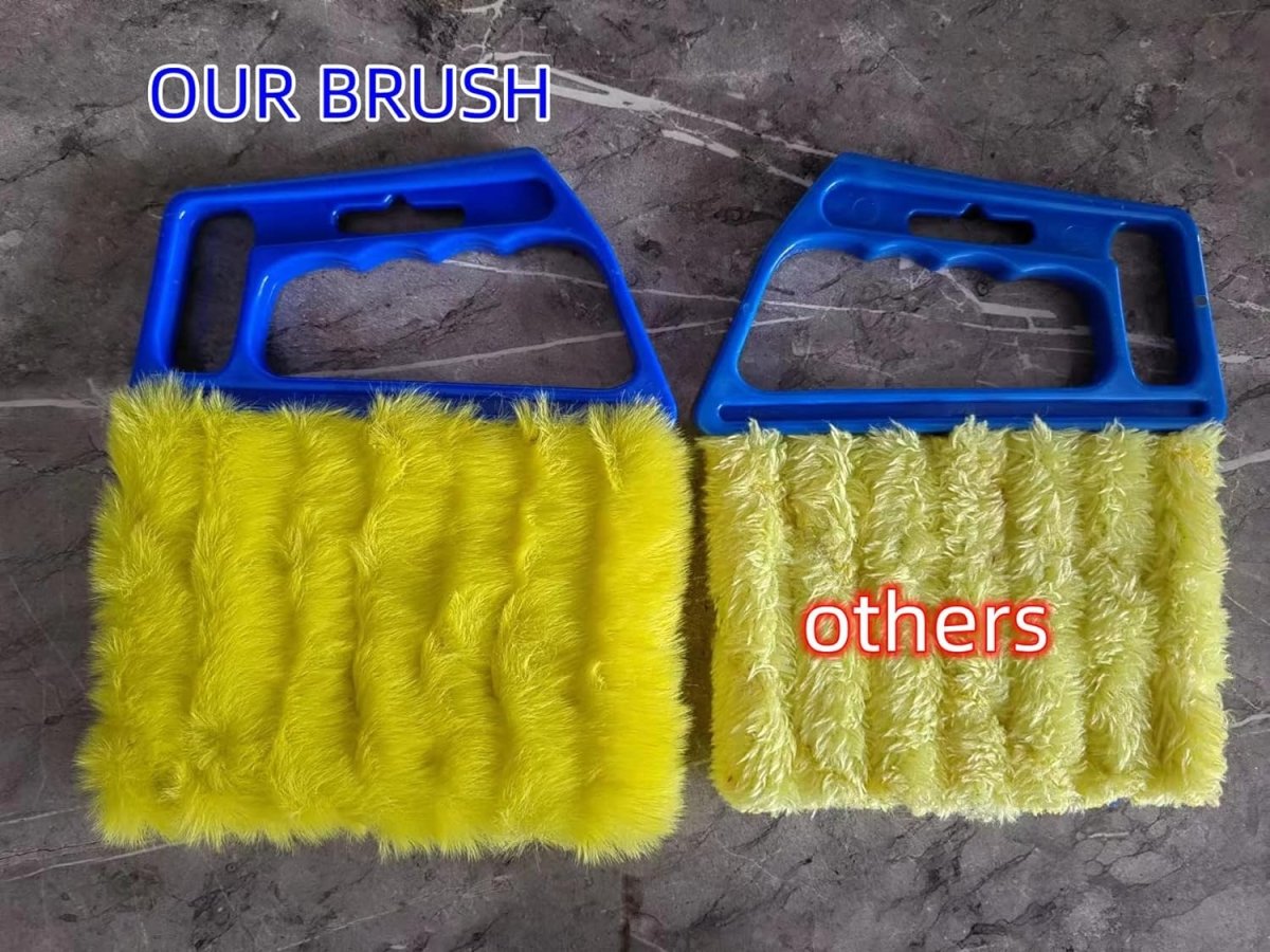 Joydeco handheld mini blinds cleaner brush quality comparison: plush yellow brush vs. sparse brush.