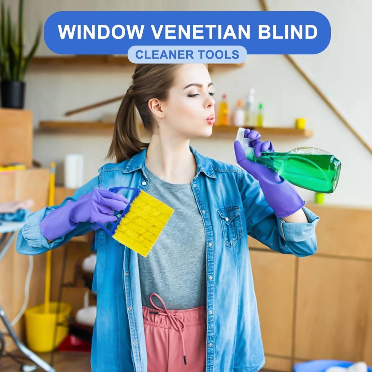 Woman cleaning blinds with Joydeco handheld mini blinds cleaner and spray bottle. Window venetian blind cleaning tool.