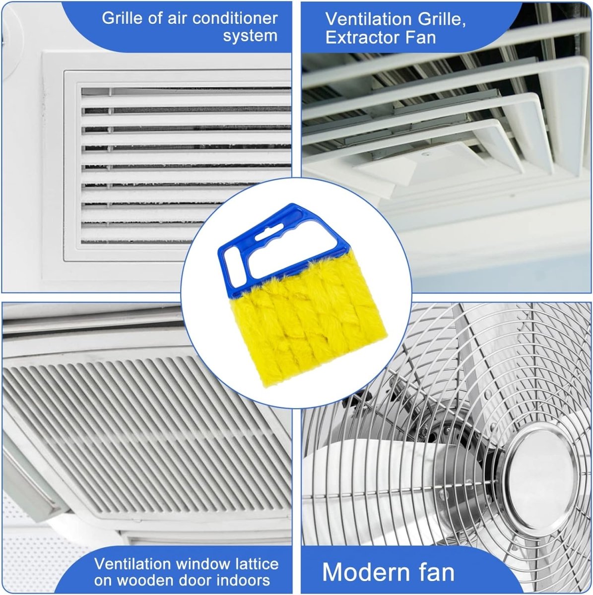 Joydeco handheld blinds cleaner with yellow bristles cleaning AC grille, ventilation, window lattice, and fan.