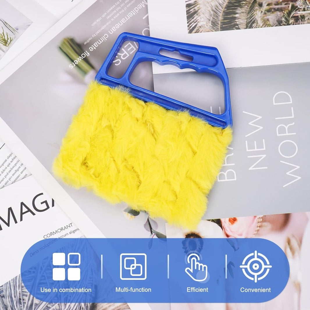 Joydeco handheld blinds cleaner: blue handle, yellow fluffy brush. Ergonomic design for blinds cleaning.