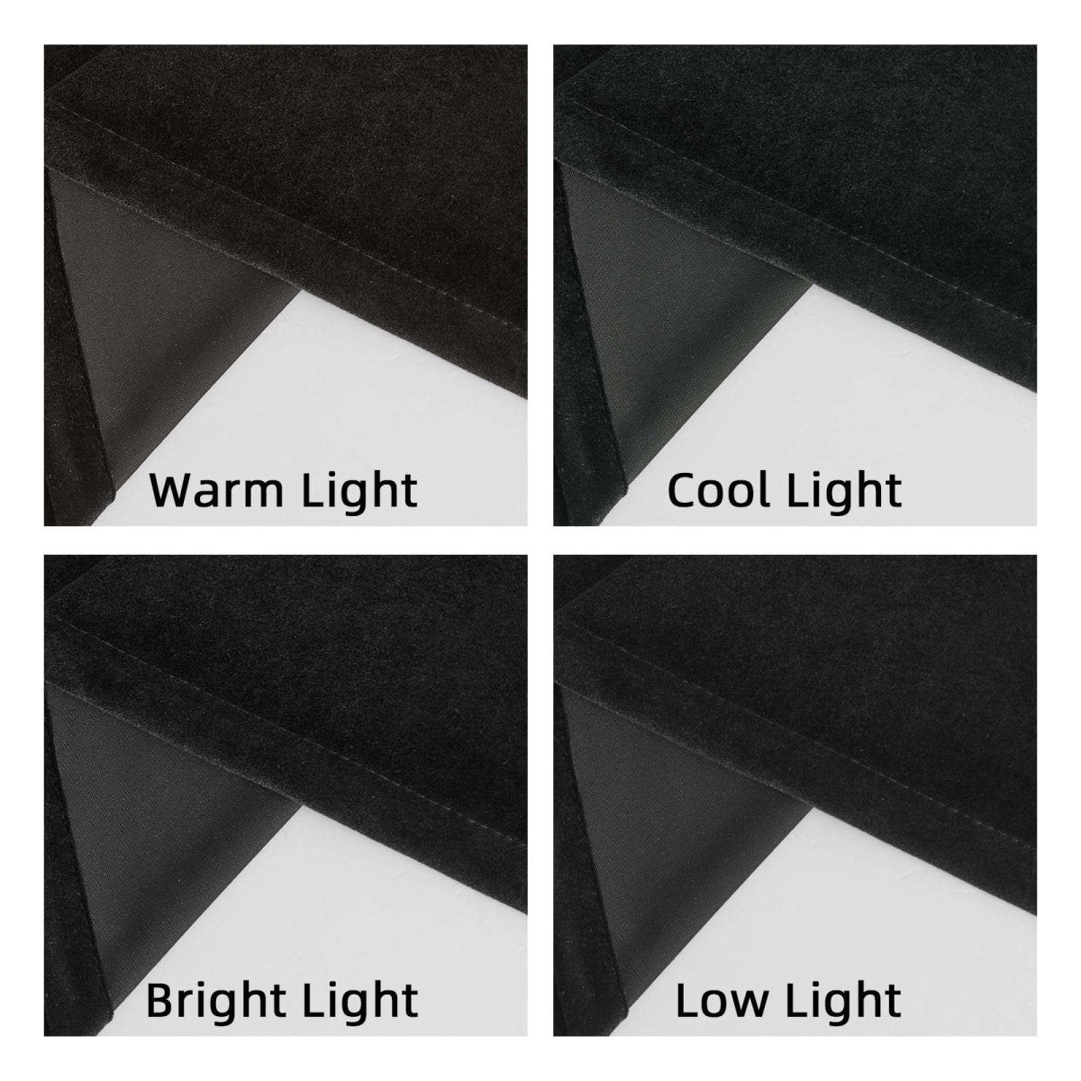 Joydeco Black Velvet Curtains: 100% blackout test in warm, cool, bright, low light.