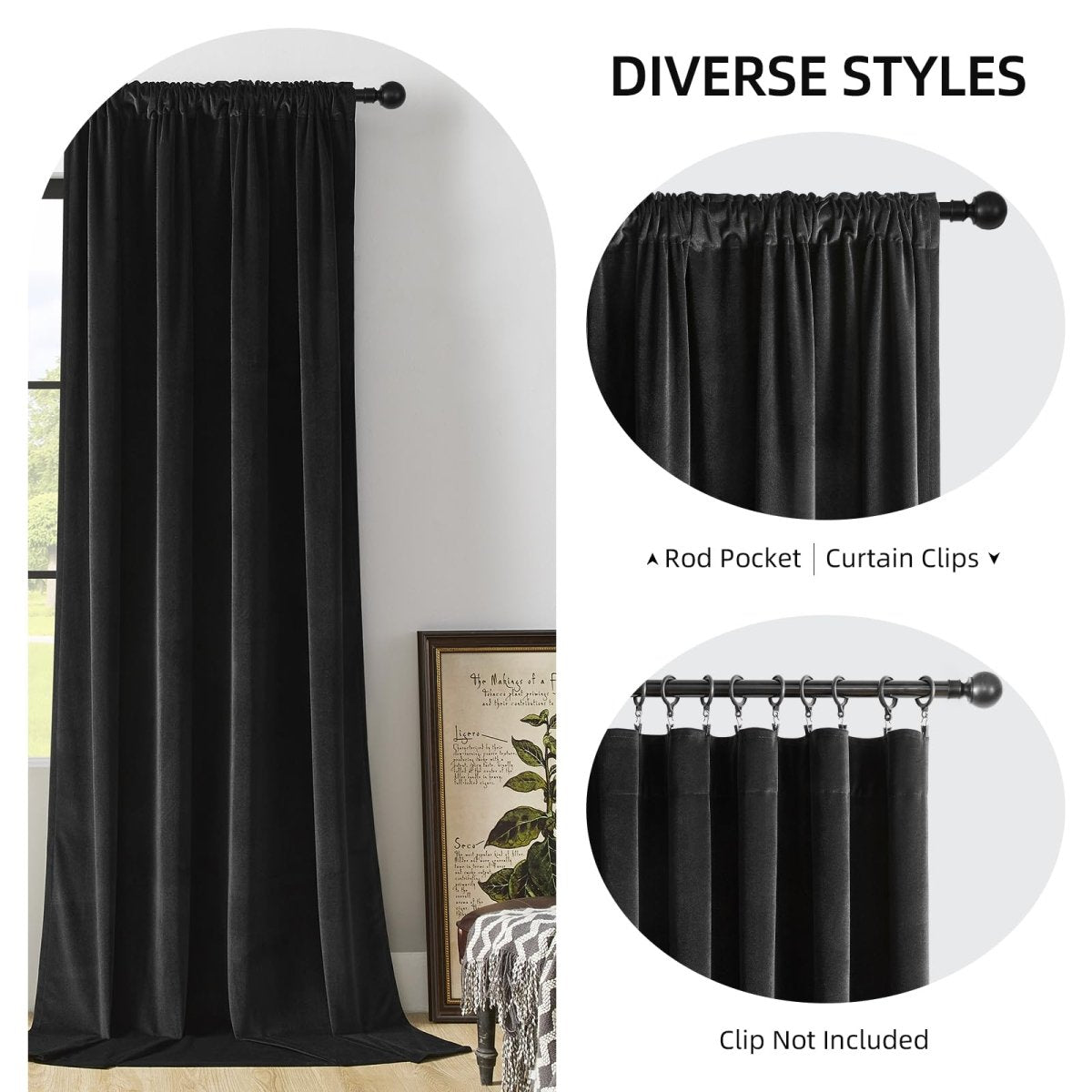 Black velvet blackout curtain with rod pocket heading and clip-ring hanging options for diverse styles.