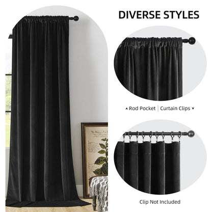 Black velvet blackout curtain with rod pocket heading and clip-ring hanging options for diverse styles.