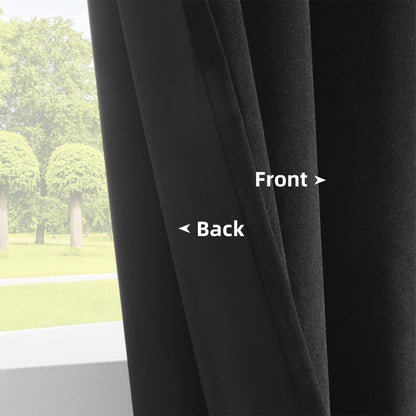 Joydeco black velvet blackout curtains dual layer construction close-up with plush front and blackout lining.