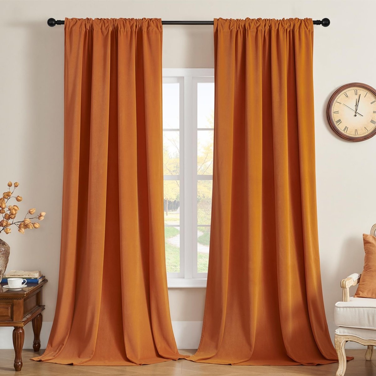 Burnt orange velvet blackout curtains, 2 panels, rod pocket, thermal insulated, luxurious.