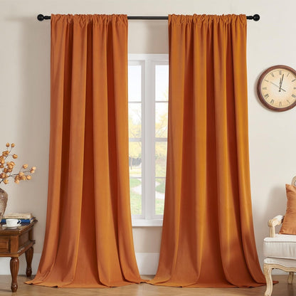 Burnt orange velvet blackout curtains, 2 panels, rod pocket, thermal insulated, luxurious.
