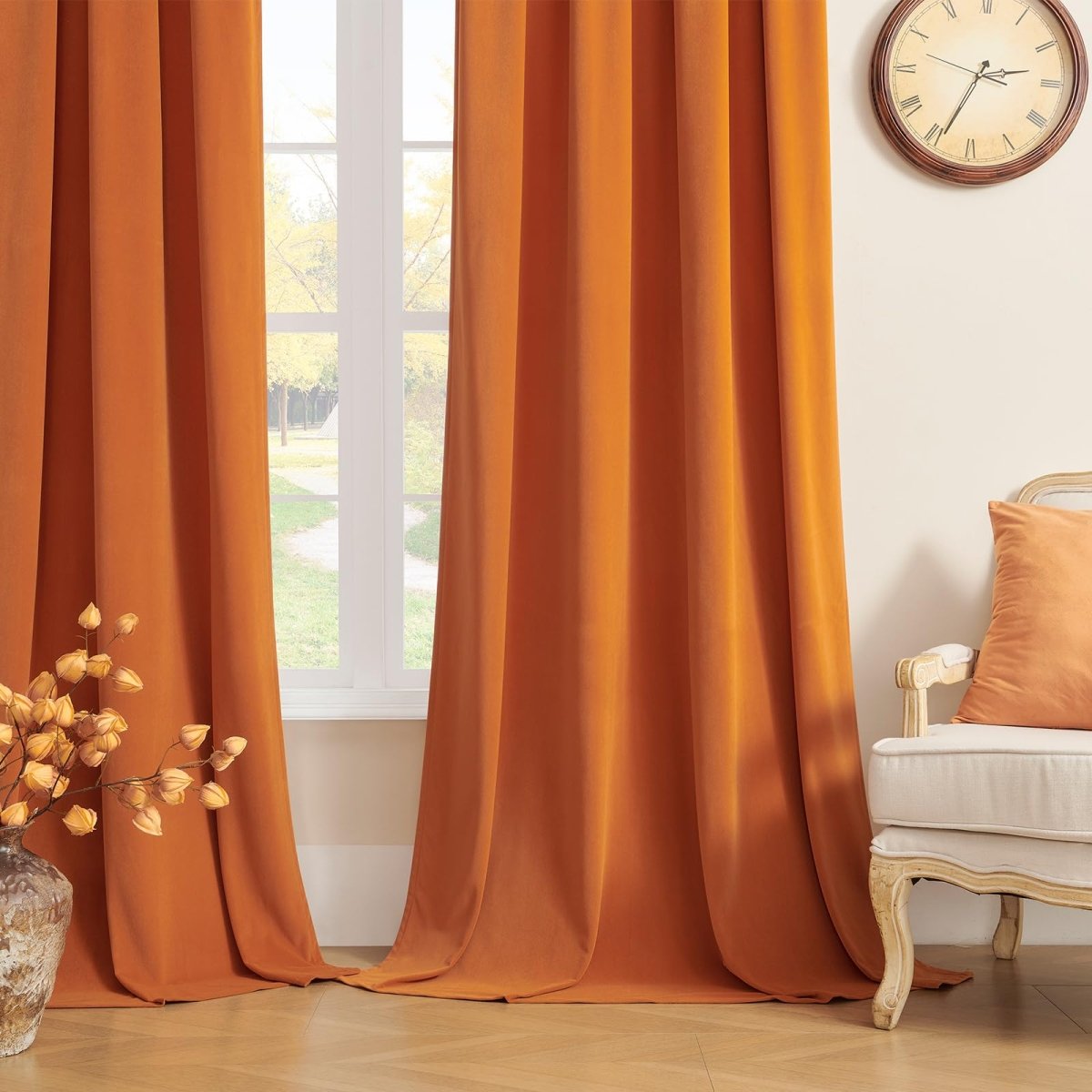 Joydeco Luxury Burnt Orange Velvet Blackout Curtains - 2 Panels, Thermal Insulated, Rod Pocket, Super Soft - Joydeco