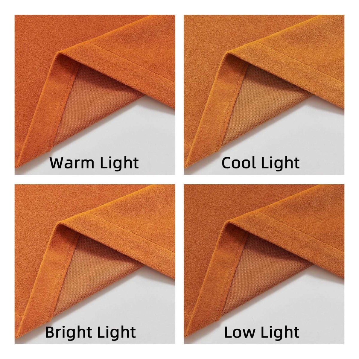 Joydeco burnt orange velvet curtains: blackout lining demonstration under warm, cool, bright, and low light conditions.