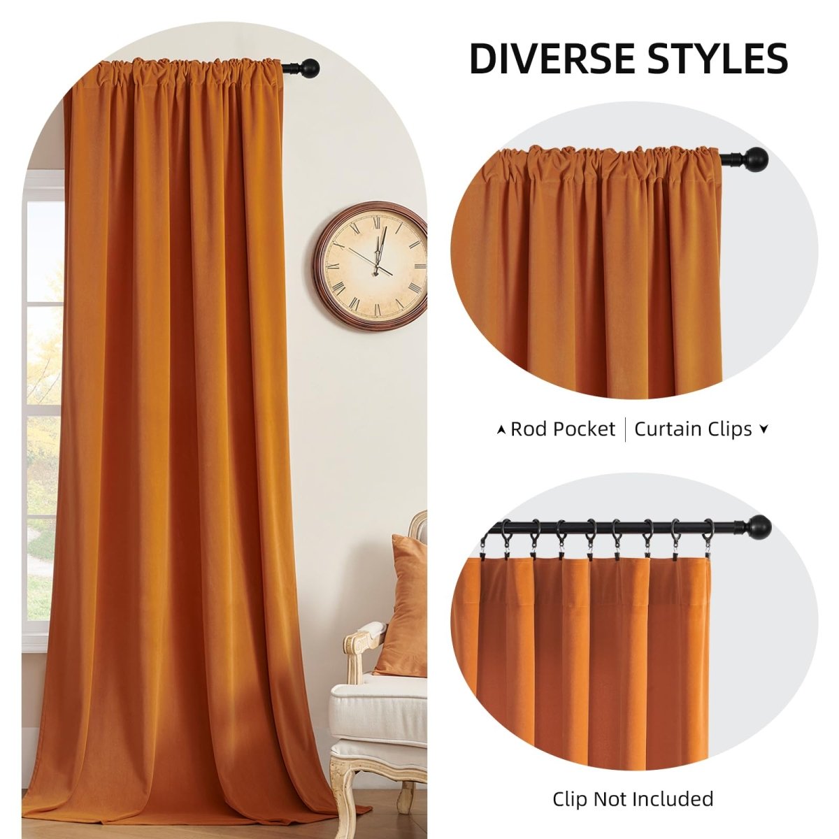 Burnt orange velvet curtains showing rod pocket and clip-on hanging options.