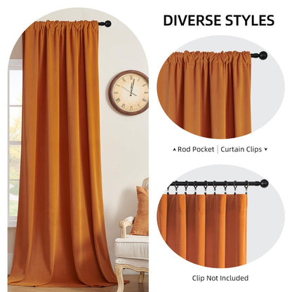Burnt orange velvet curtains showing rod pocket and clip-on hanging options.