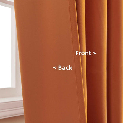 Joydeco burnt orange velvet curtains showing front and back fabric texture for product page.