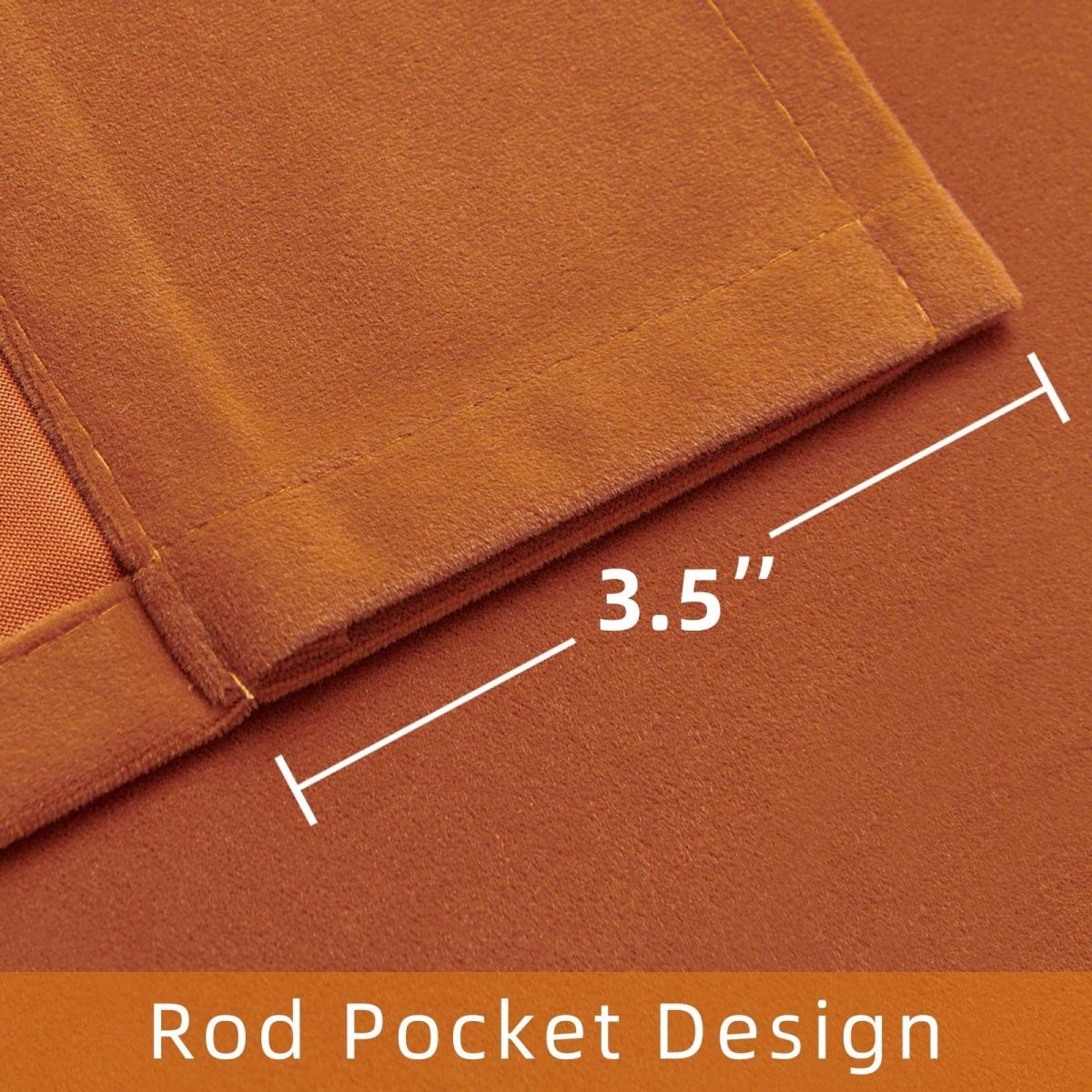Joydeco Luxury Burnt Orange Velvet Blackout Curtain, 3.5 inch rod pocket detail for easy installation.