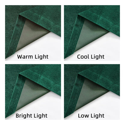 Joydeco green velvet curtains: light blocking test in warm, cool, bright, and low light. Plush fabric shown.