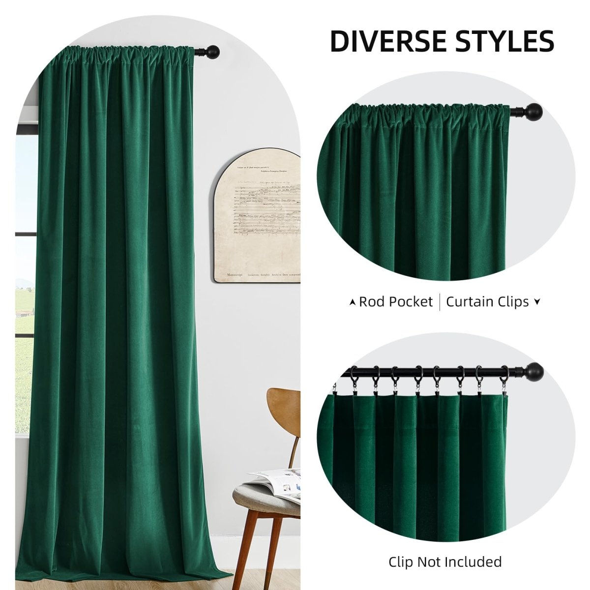 Joydeco luxury green velvet blackout curtains with rod pocket and clip options.