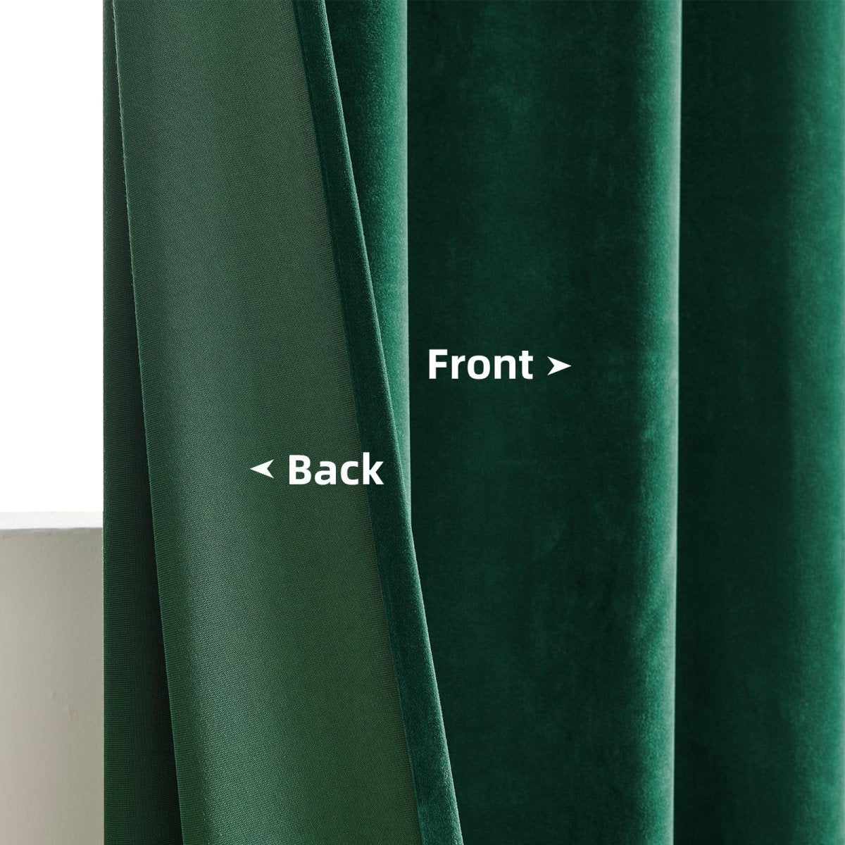 Joydeco green velvet blackout curtains, close-up of plush fabric texture, front and back layers shown for material quality.