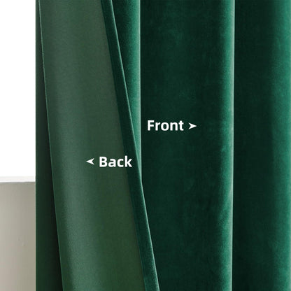 Joydeco green velvet blackout curtains, close-up of plush fabric texture, front and back layers shown for material quality.