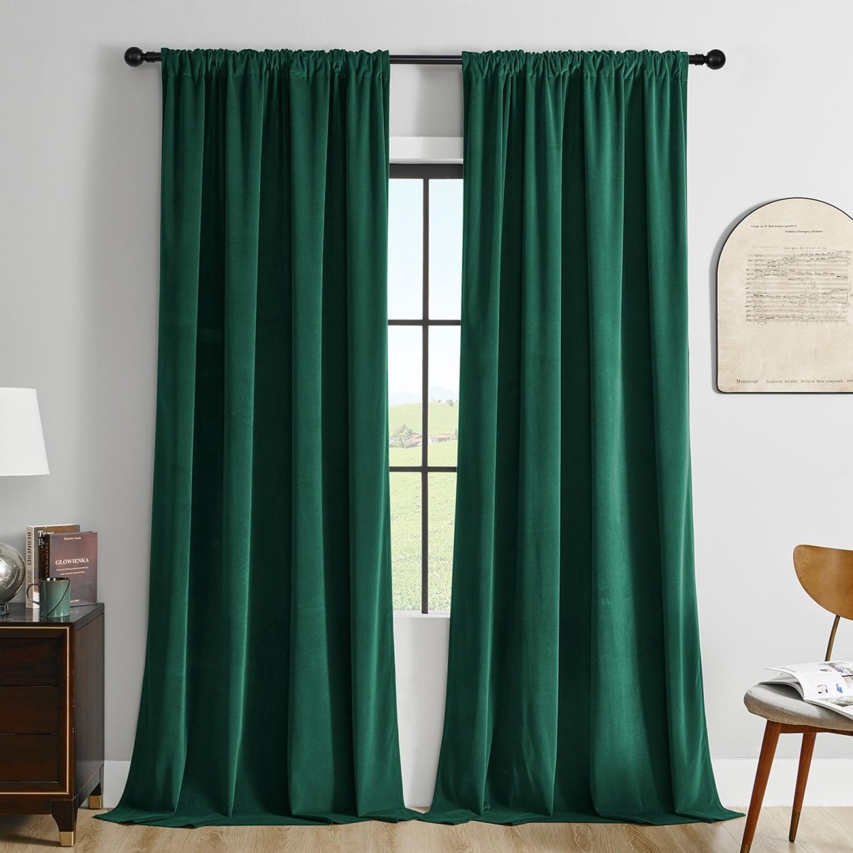 Joydeco Luxury Green Velvet Blackout Curtains - Two soft, thermal insulated panels with rod pocket design.