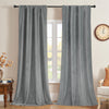 Grey velvet blackout curtains, soft texture, rod pocket design. Thermal insulated window panels.