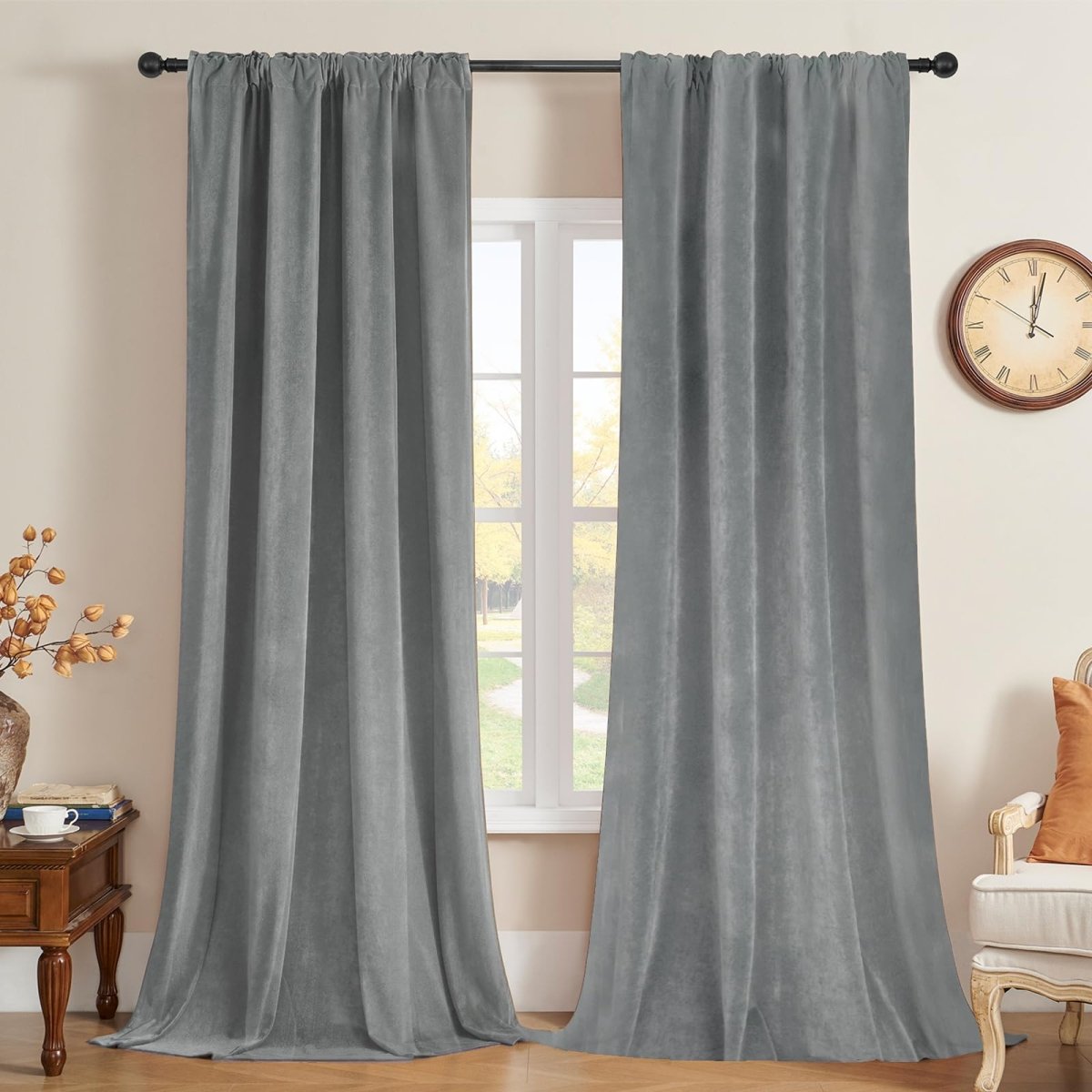 Joydeco Luxury Grey Velvet Blackout Curtains - 2 Panels, Thermal Insulated, Rod Pocket, Super Soft - Joydeco