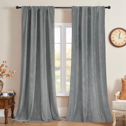 Grey velvet blackout curtains, soft texture, rod pocket design. Thermal insulated window panels.