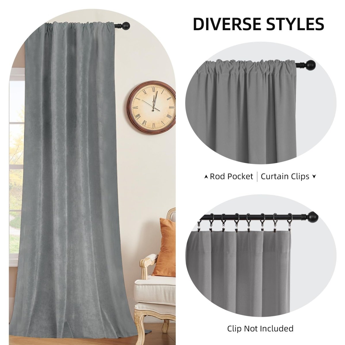 Joydeco Luxury Grey Velvet Blackout Curtains - 2 Panels, Thermal Insulated, Rod Pocket, Super Soft - Joydeco